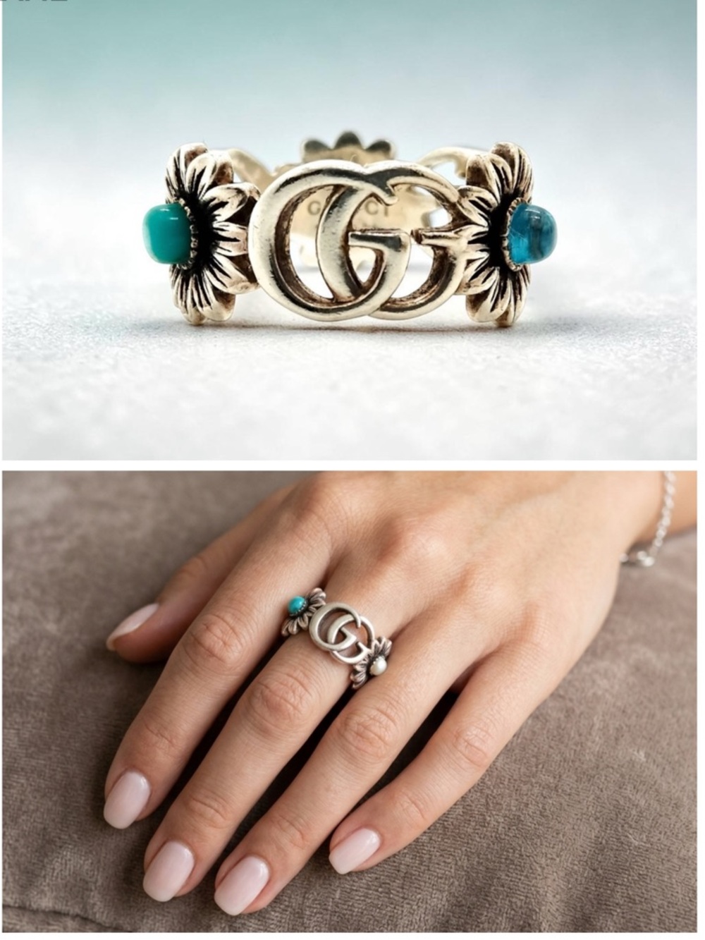 Gucci Double G Flower Ring Sterling Silver Turquoise Mother of Pearl